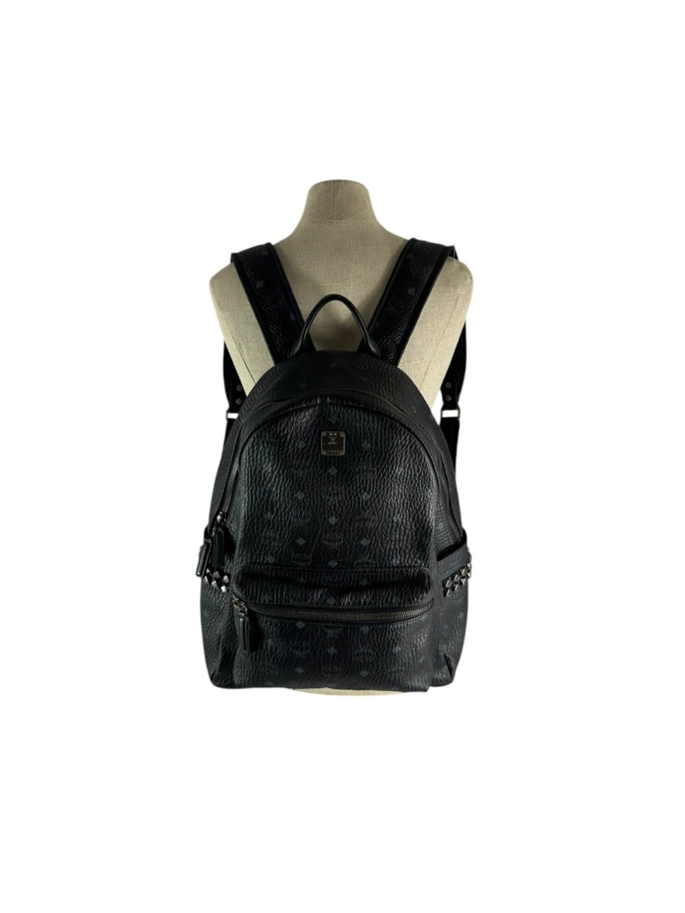 Genuine MCM Monogram Stark Side Studs Visetos Black Backpack Logo Unisex